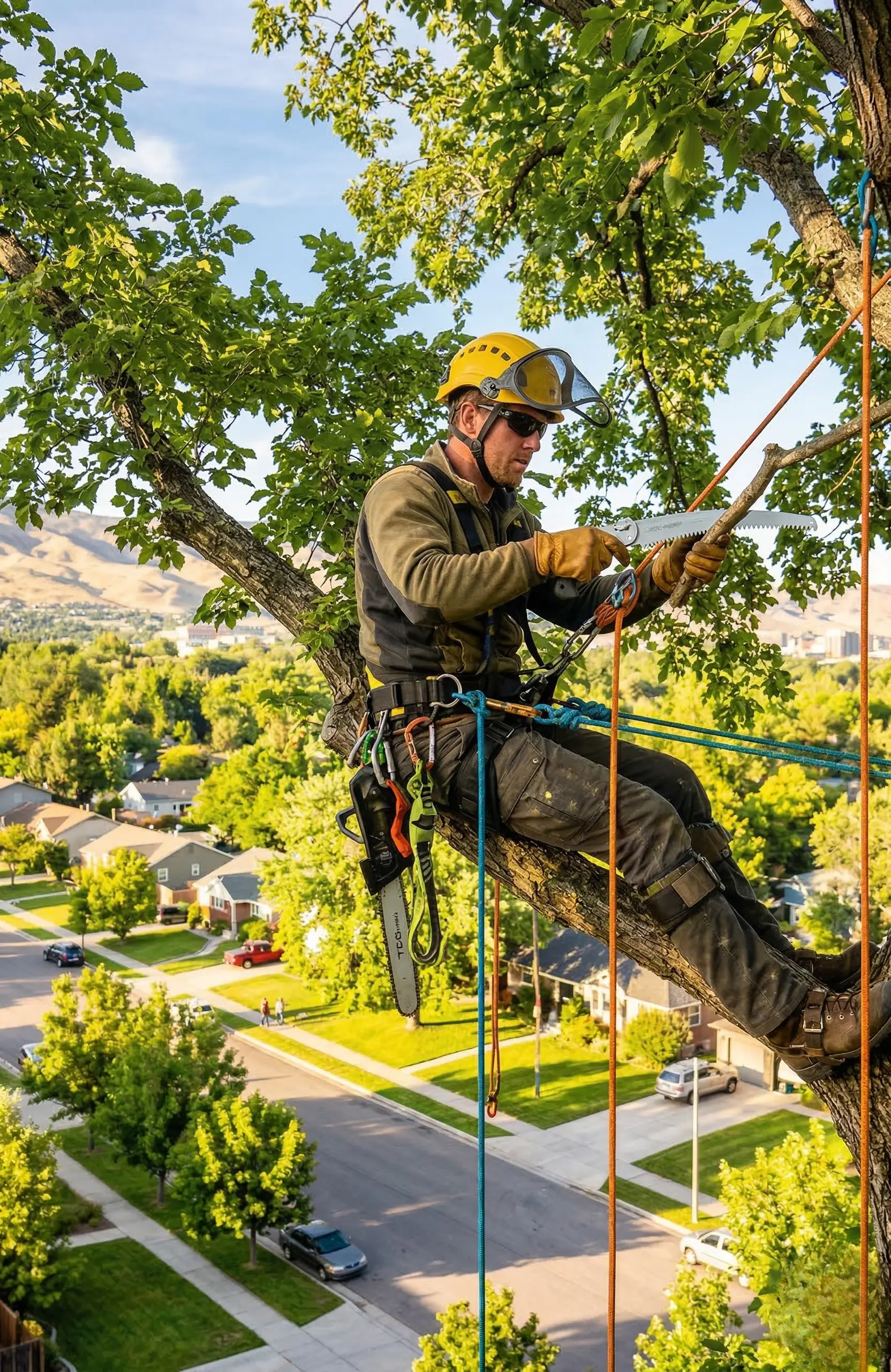 Professional arborist trimming a mature elm tree in a Boise Idaho neighborhood